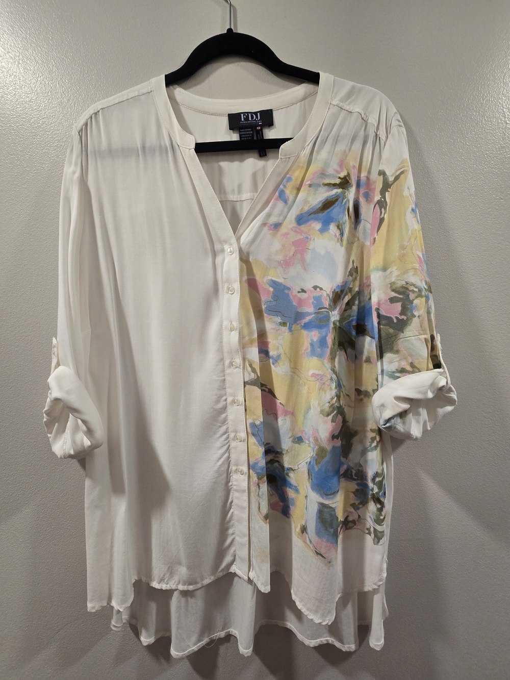 FDJ Cream Button-Down Top with Pastel Watercolor Accent